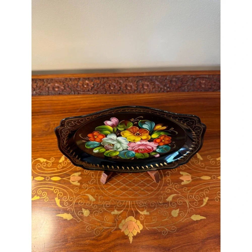 Vintage Black Tole Floral Tray - Hand‎ Painted with Stand